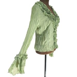 Vintage Baranda Blouse Ruffle Flare Sleeve Top Button Down Crinkle Green Sheer